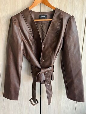 Cider Brown Faux Leather Belted V-Neck Jacket